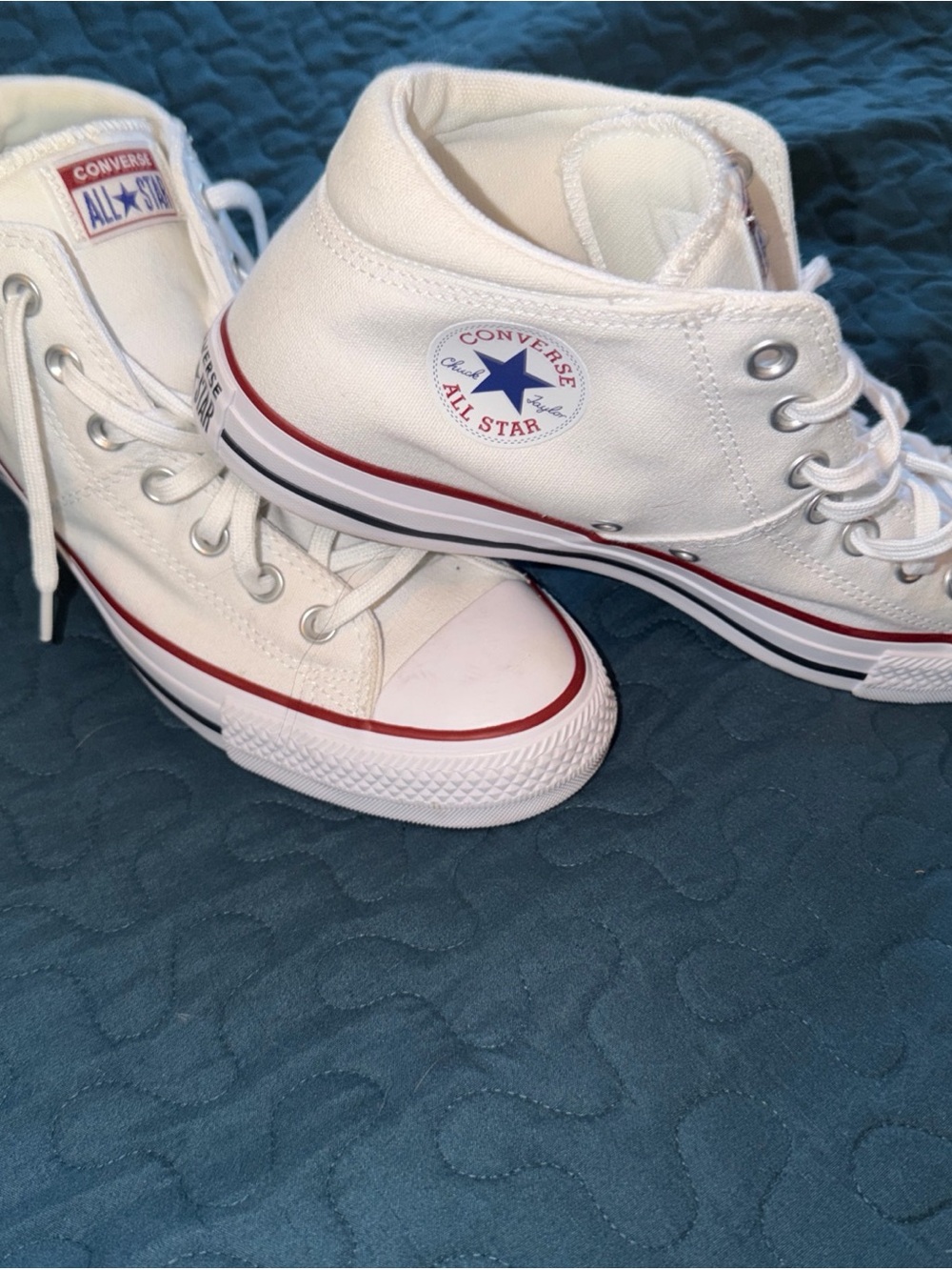 Converse White High Top Sneakers with Red & Navy Trim